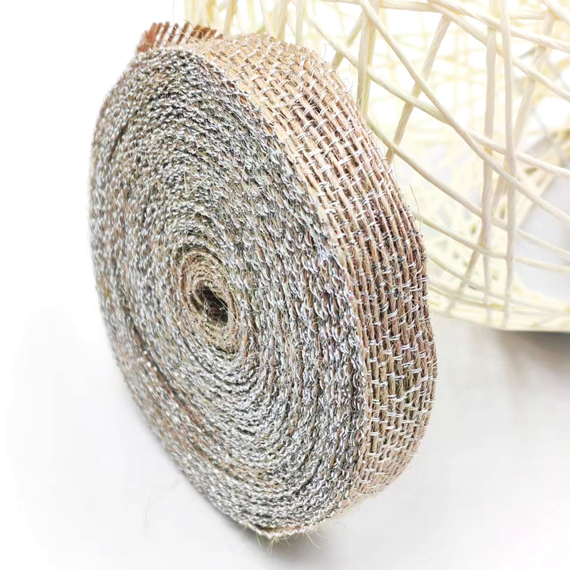 Décoration de bricolage Ruban en tissu de jute avec ligne de pêche en argent 85% de jute 15% de polyester