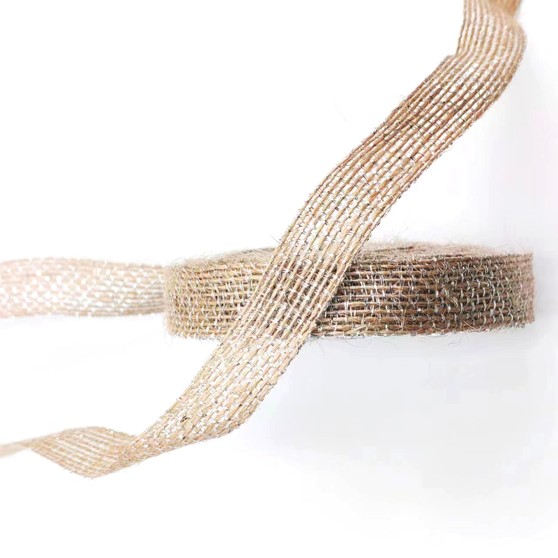 Décoration de bricolage Ruban en tissu de jute avec ligne de pêche en argent 85% de jute 15% de polyester