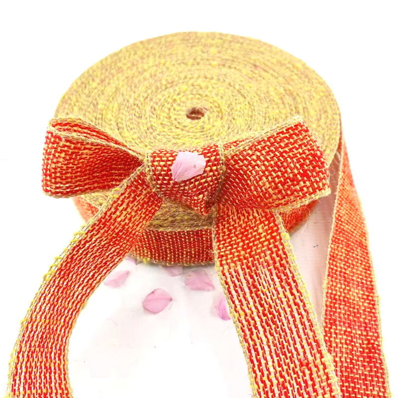 100% de tissu de jute, ruban de jute à l'arc de Noël, bord jaune pour la décoration de la maison
