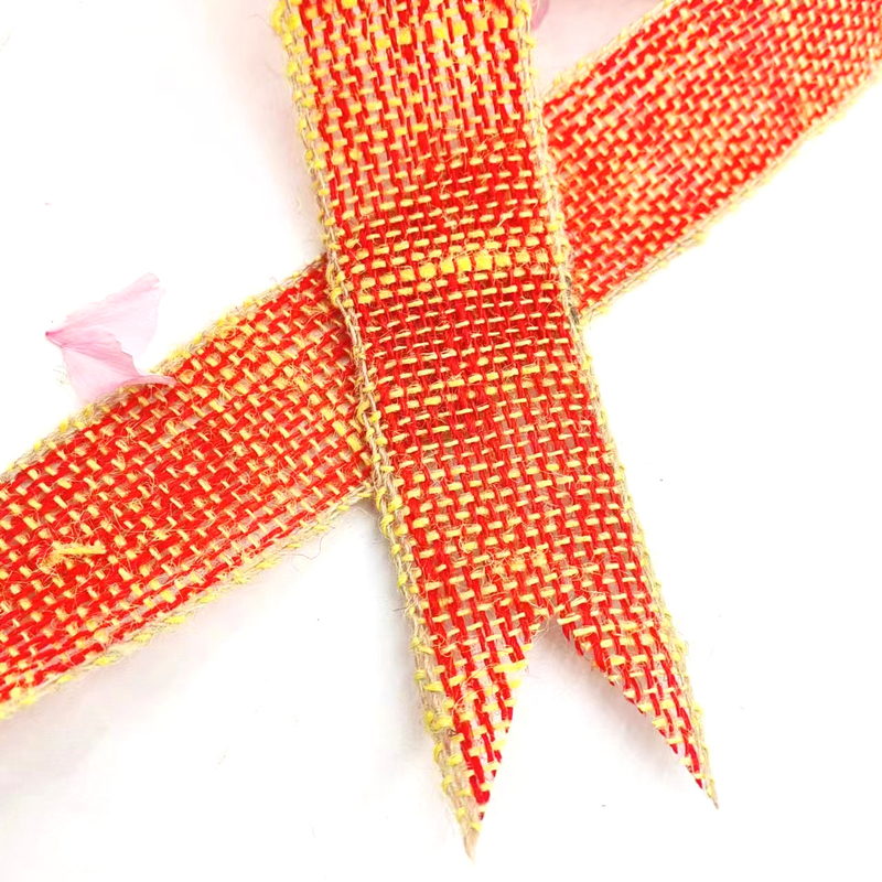 100% de tissu de jute, ruban de jute à l'arc de Noël, bord jaune pour la décoration de la maison