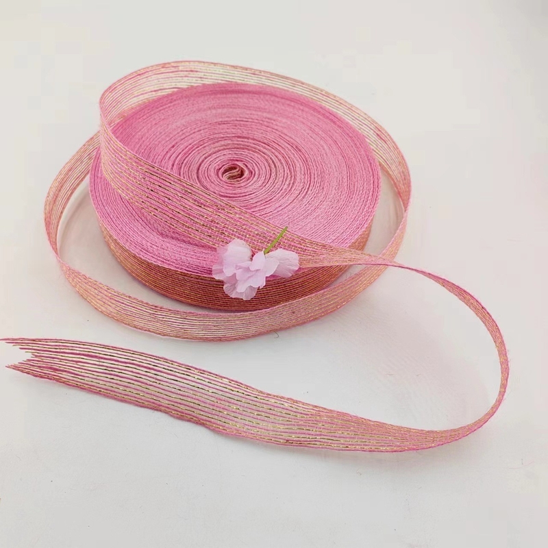 Jute et polyester filet de poisson Glitter ruban décoratif pour l'enveloppe cadeau en ruban rose direct