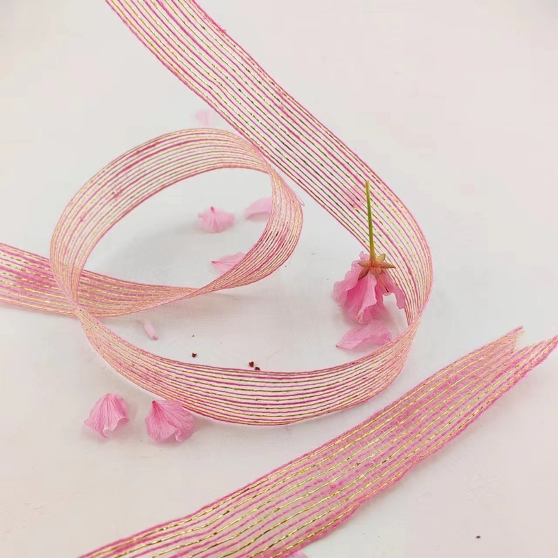 Jute et polyester filet de poisson Glitter ruban décoratif pour l'enveloppe cadeau en ruban rose direct