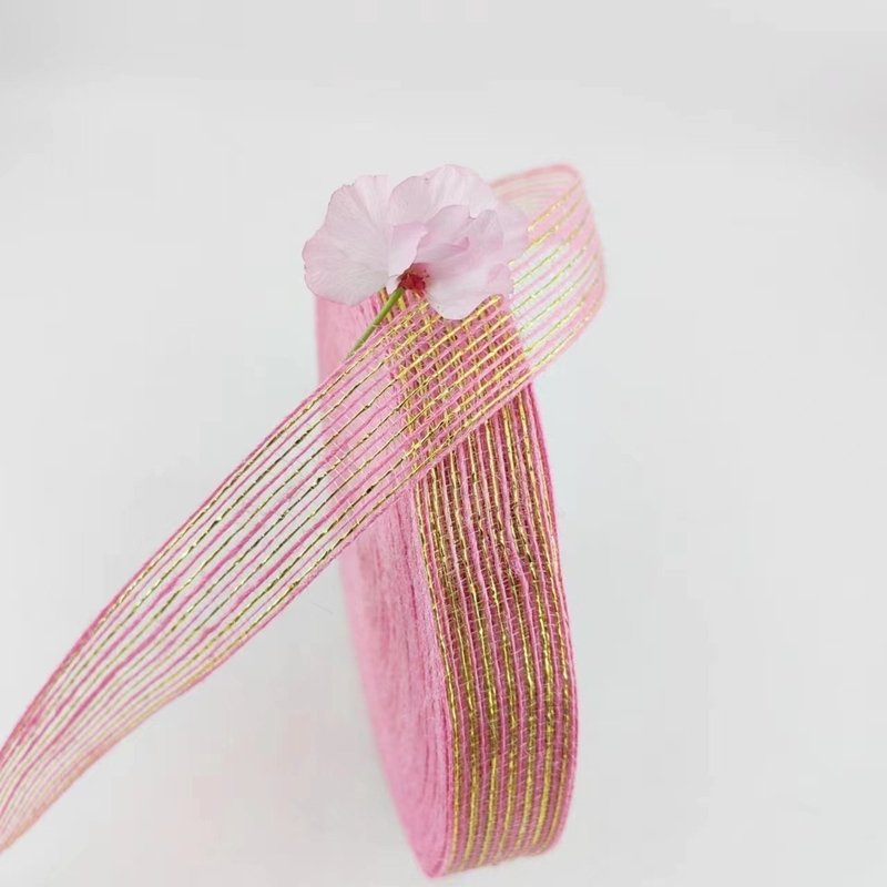 Jute et polyester filet de poisson Glitter ruban décoratif pour l'enveloppe cadeau en ruban rose direct